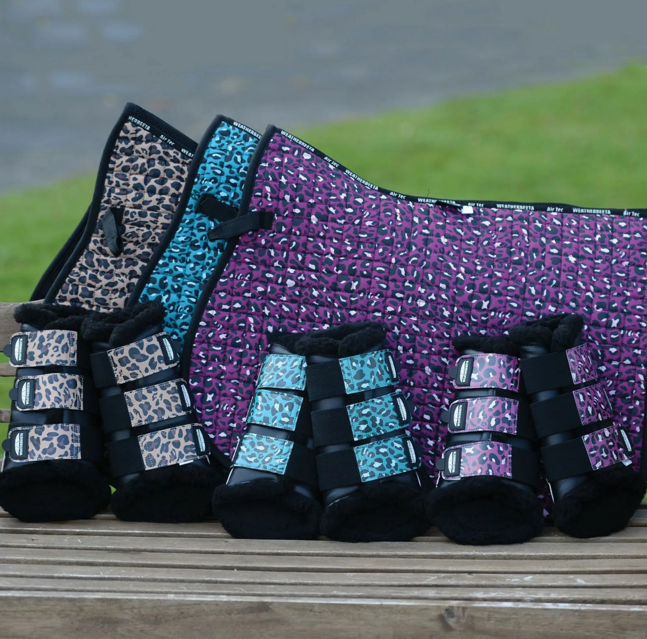 Weatherbeeta Pony PURPLE LEOPARD print Jump Saddle Pad & Fluffy Brushing Boots