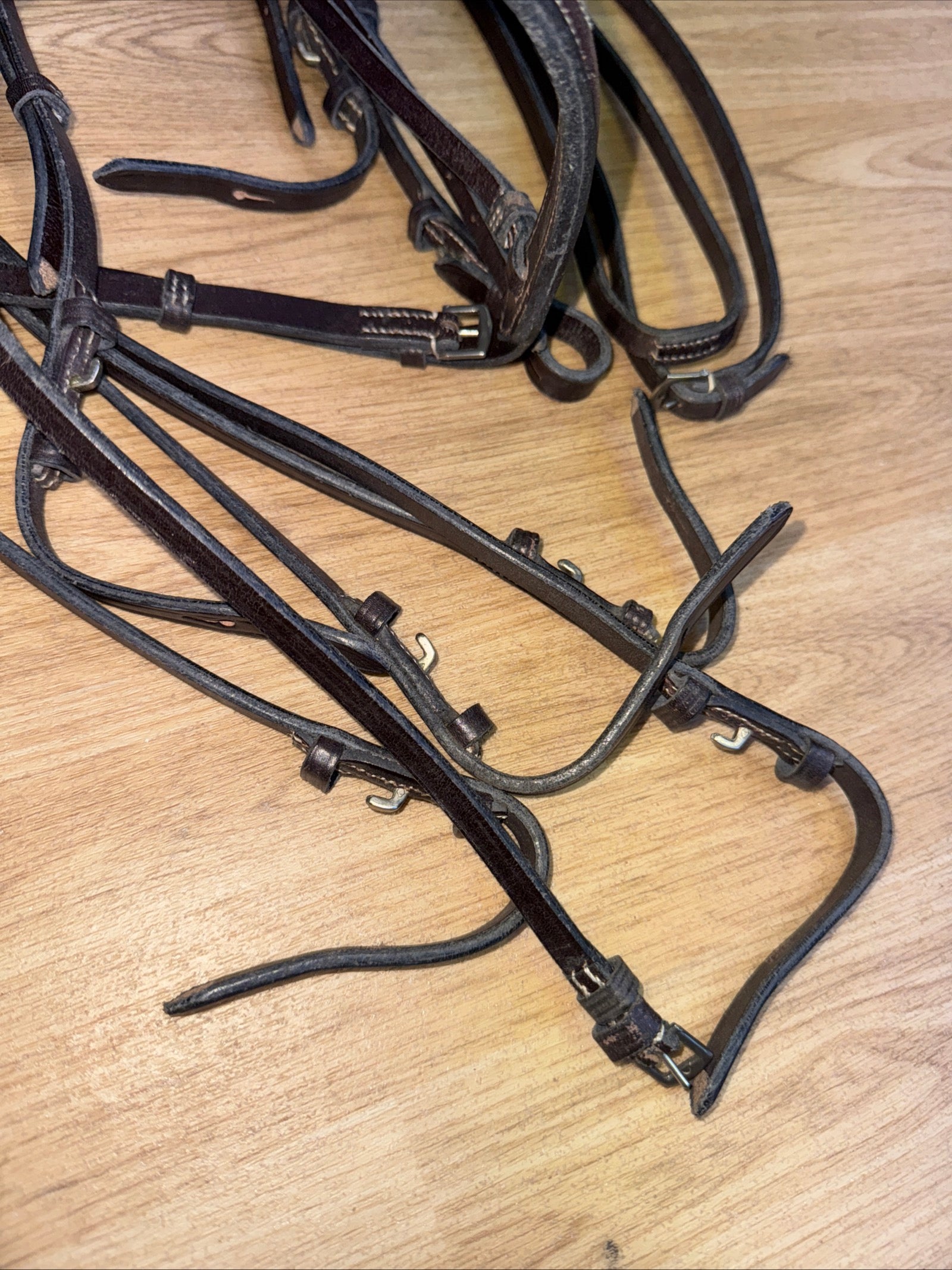 English Traditional Leather Double Bridle - Cob - 2 X Reins D