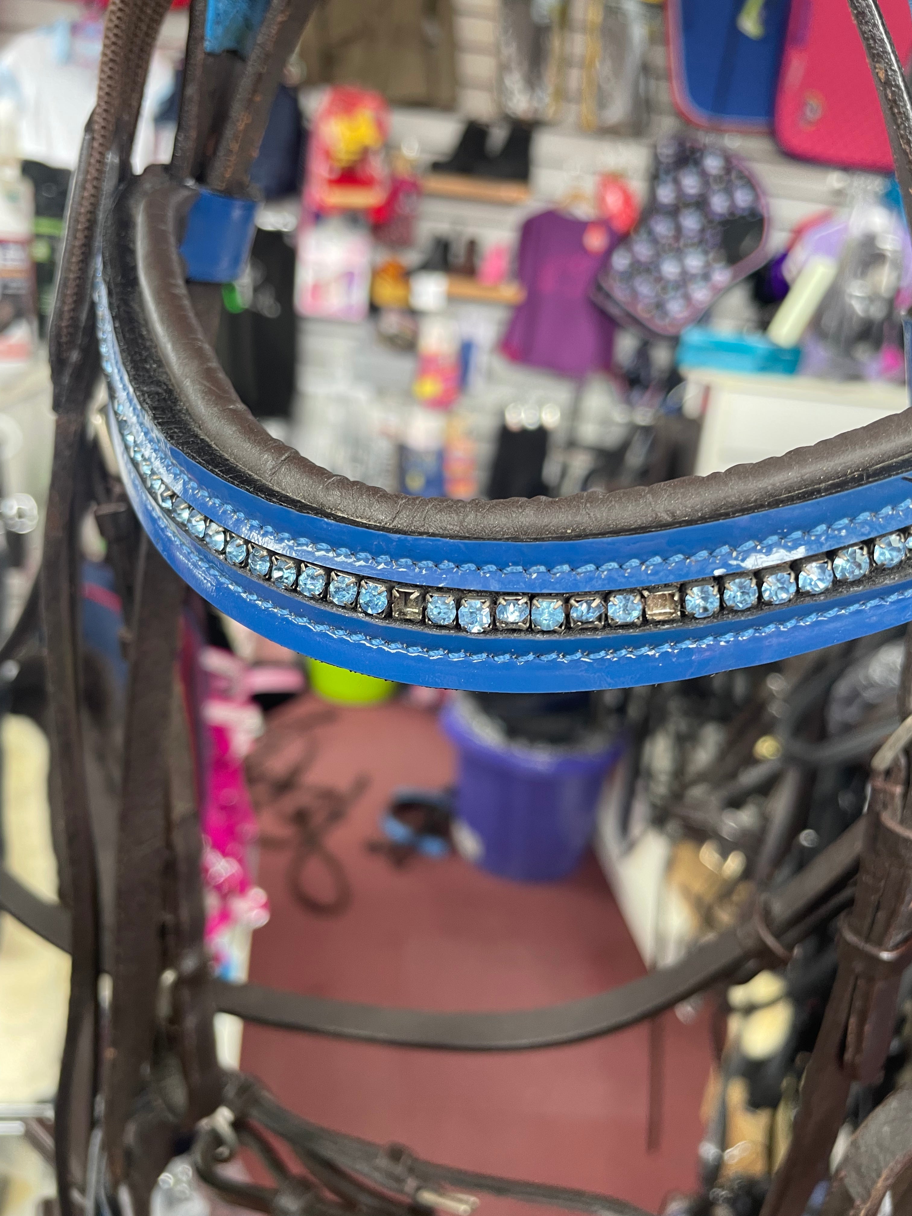 Blue Diamanté Brown Pony Bridle & Reins