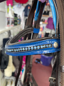 Blue Diamanté Brown Pony Bridle & Reins