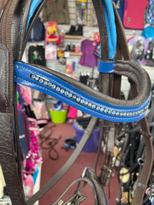 Blue Diamanté Brown Pony Bridle & Reins